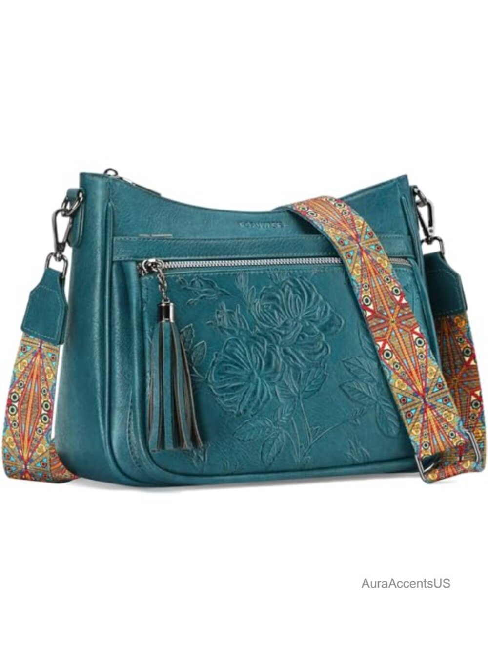Vegan Leather Crossbody Bag Medium Floral Embossed Wide Boho Strap Hobo Purse